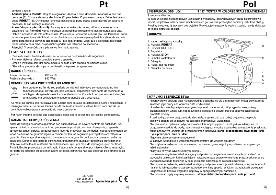 Elta T127 instruction manual Instrukcja Obsugi Toster W Kolorze Stali Szlachetnej, Budowa, Warunki BEZPIECZE`STWA 