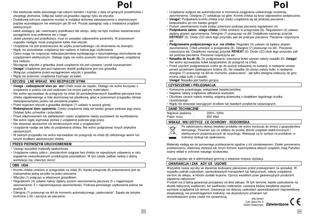 Elta T127 Szczeglne Wskazwki BEZPIECZE`STWA, Przed Pierwszym Uruchomieniem, Obsuga, Czyszczenie I PIEL¢GNACJA 