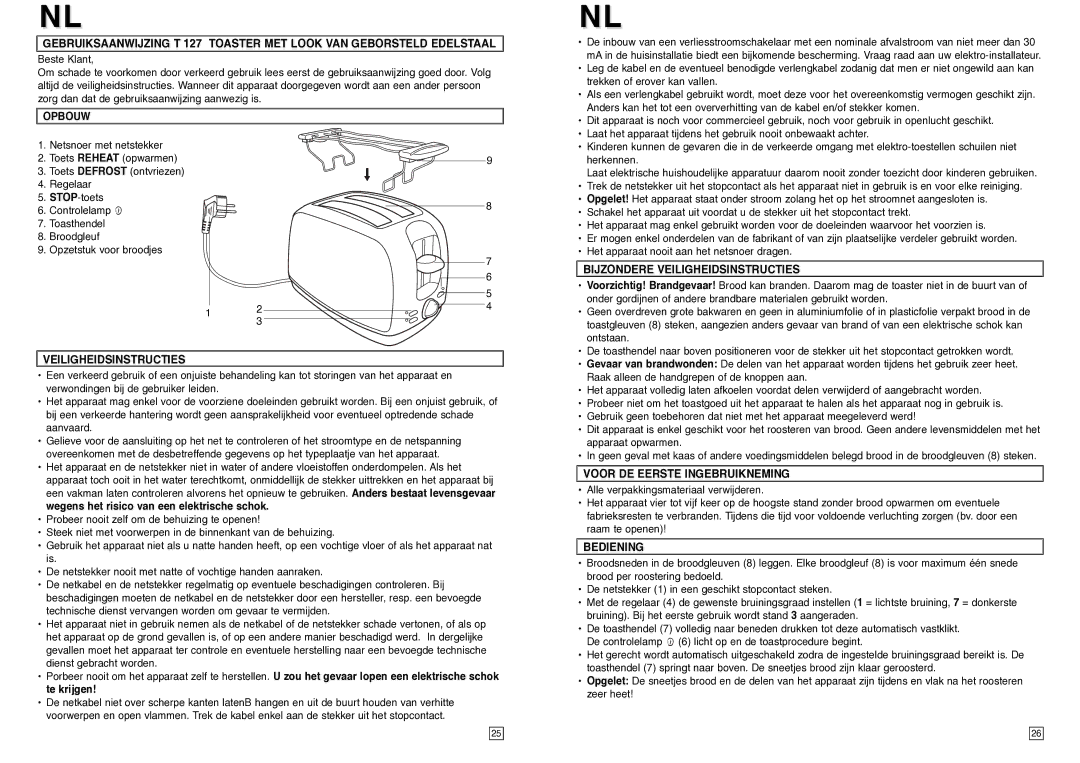 Elta T127 instruction manual Opbouw, Bijzondere Veiligheidsinstructies, Voor DE Eerste Ingebruikneming, Bediening 