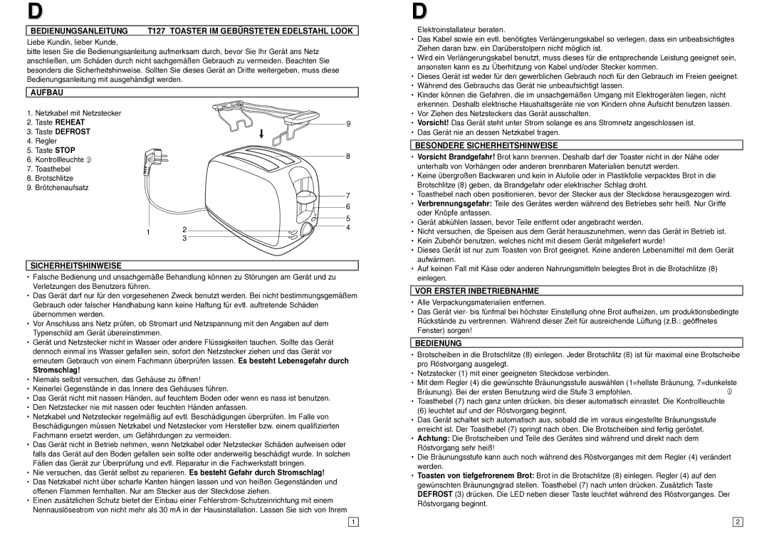 Elta T127 instruction manual Aufbau, Besondere Sicherheitshinweise, VOR Erster Inbetriebnahme, Bedienung 