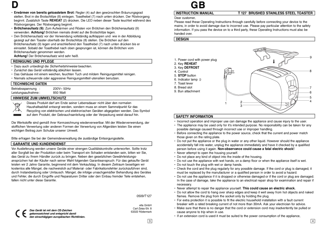 Elta T127 Reinigung UND Pflege, Technische Daten, Hinweise ZUM Umweltschutz, Garantie UND Kundendienst, Design 