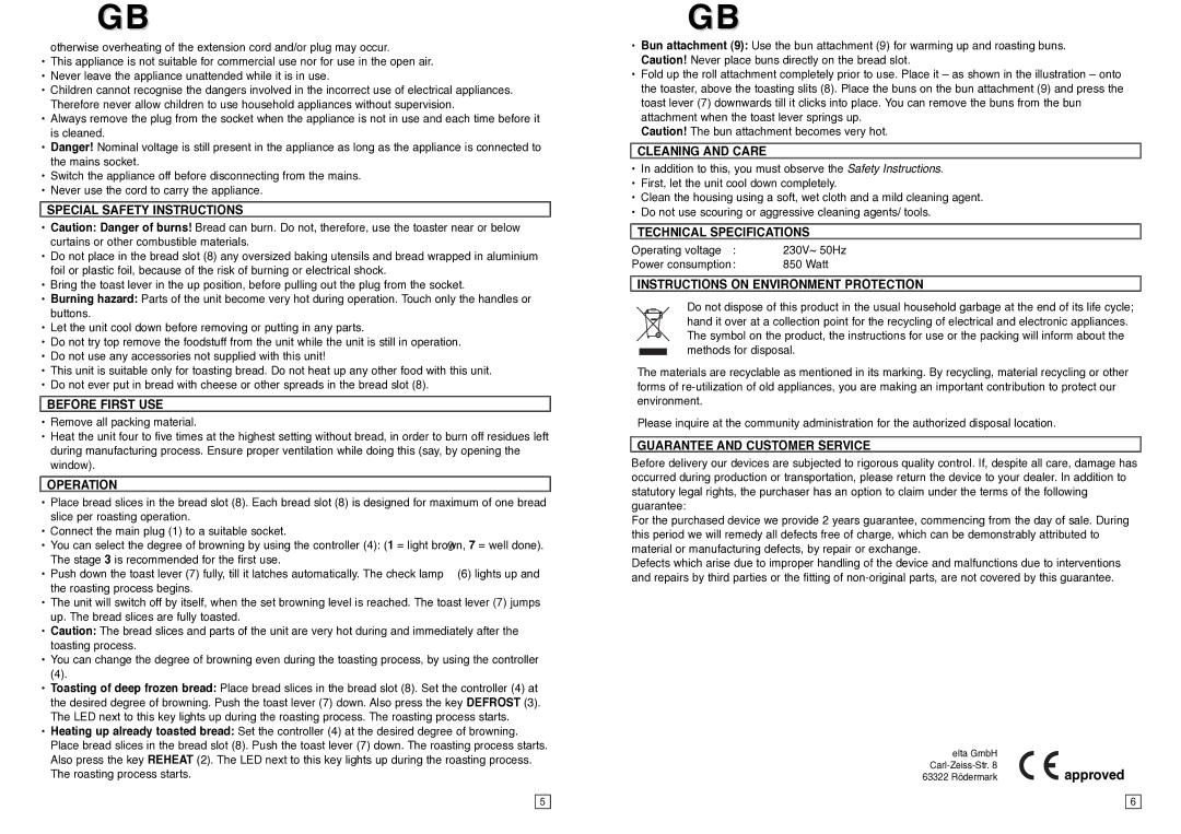 Elta T127 Special Safety Instructions, Before First USE, Operation, Cleaning and Care, Technical Specifications 