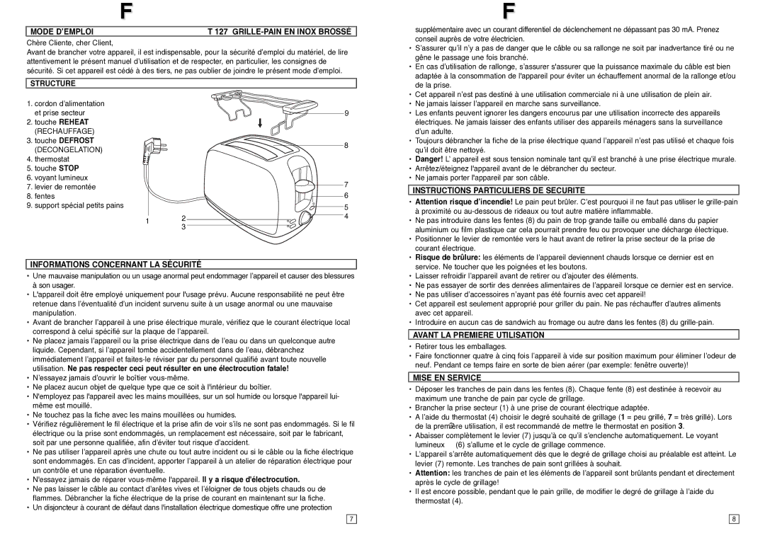 Elta T127 Mode D’EMPLOI GRILLE-PAIN EN Inox Brossé, Structure, Informations Concernant LA Sécurité, Mise EN Service 