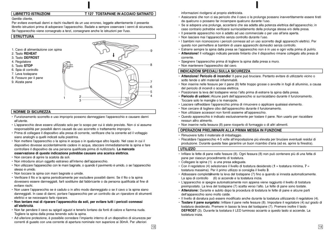 Elta T127 Libretto Istruzioni Tostapane in Acciaio Satinato, Struttura, Indicazioni Speciali Sulla Sicurezza, Utilizzo 