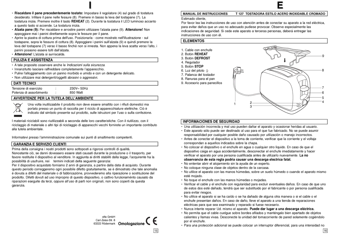 Elta T127 Pulizia E Assistenza, Dati Tecnici, Avvertenze PER LA Tutela DELL’AMBIENTE, Garanzia E Servizio Clienti 