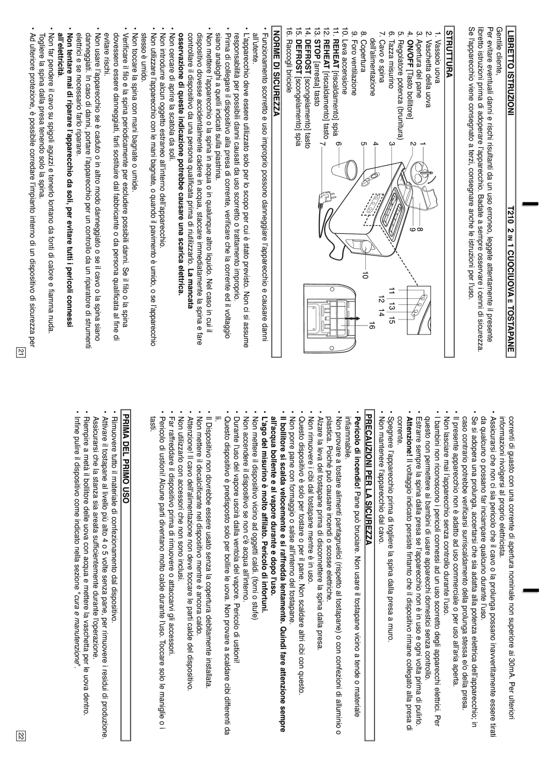 Elta Libretto Istruzioni T210 2 in 1 Cuociuova E Tostapane, Struttura, Norme DI Sicurezza, Precauzioni PER LA Sicurezza 