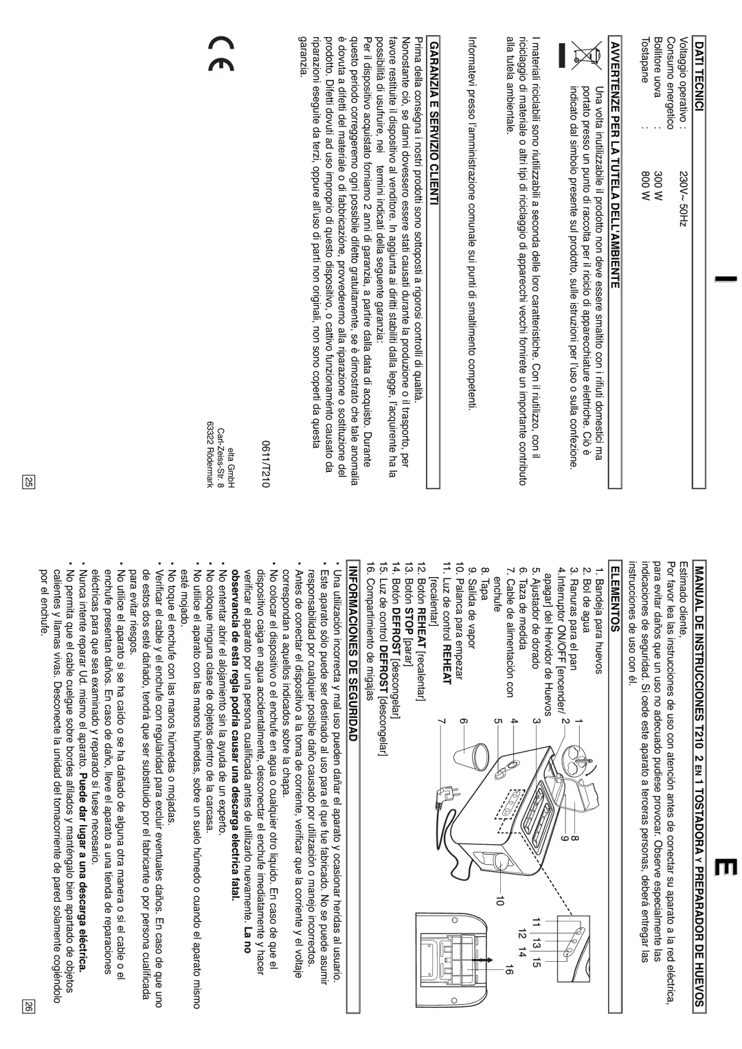 Elta T210 instruction manual Dati Tecnici, Avvertenze PER LA Tutela Dellambiente, Garanzia E Servizio Clienti, Elementos 