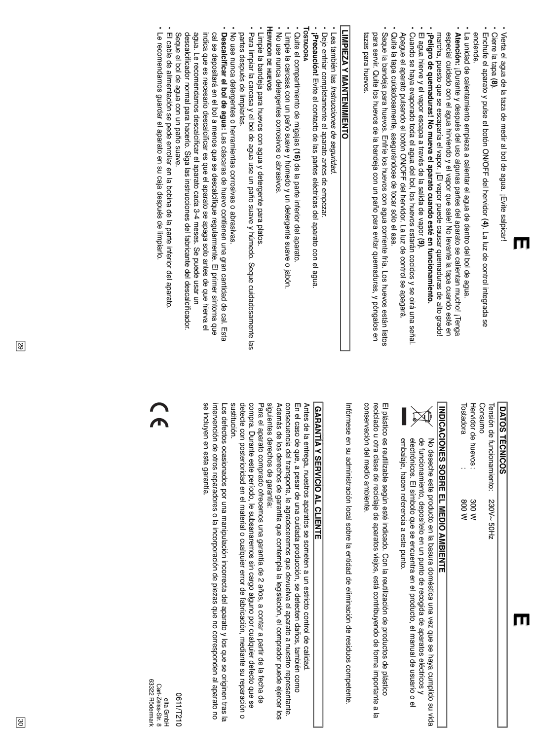 Elta T210 Limpieza Y Mantenimiento, Datos Técnicos, Indicaciones Sobre EL Medio Ambiente, Garantía Y Servicio AL Cliente 