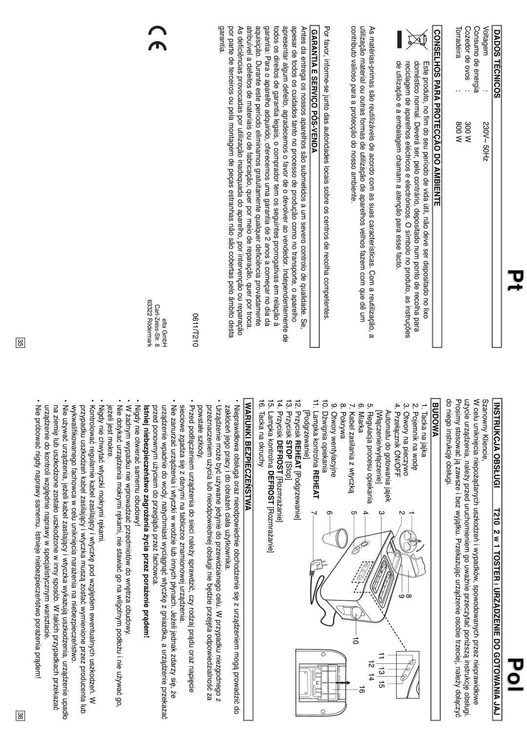 Elta T210 instruction manual Dados Técnicos, Conselhos Para Protecção do Ambiente, Garantia E Serviço PÓS-VENDA, Budowa 