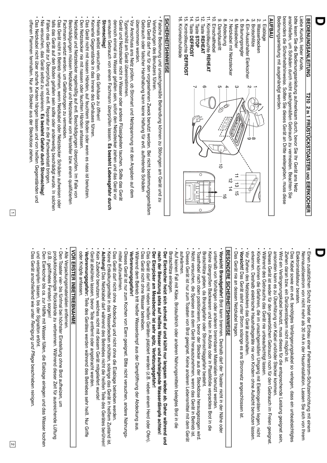 Elta T210 instruction manual Aufbau, Besondere Sicherheitshinweise, VOR Erster Inbetriebnahme 