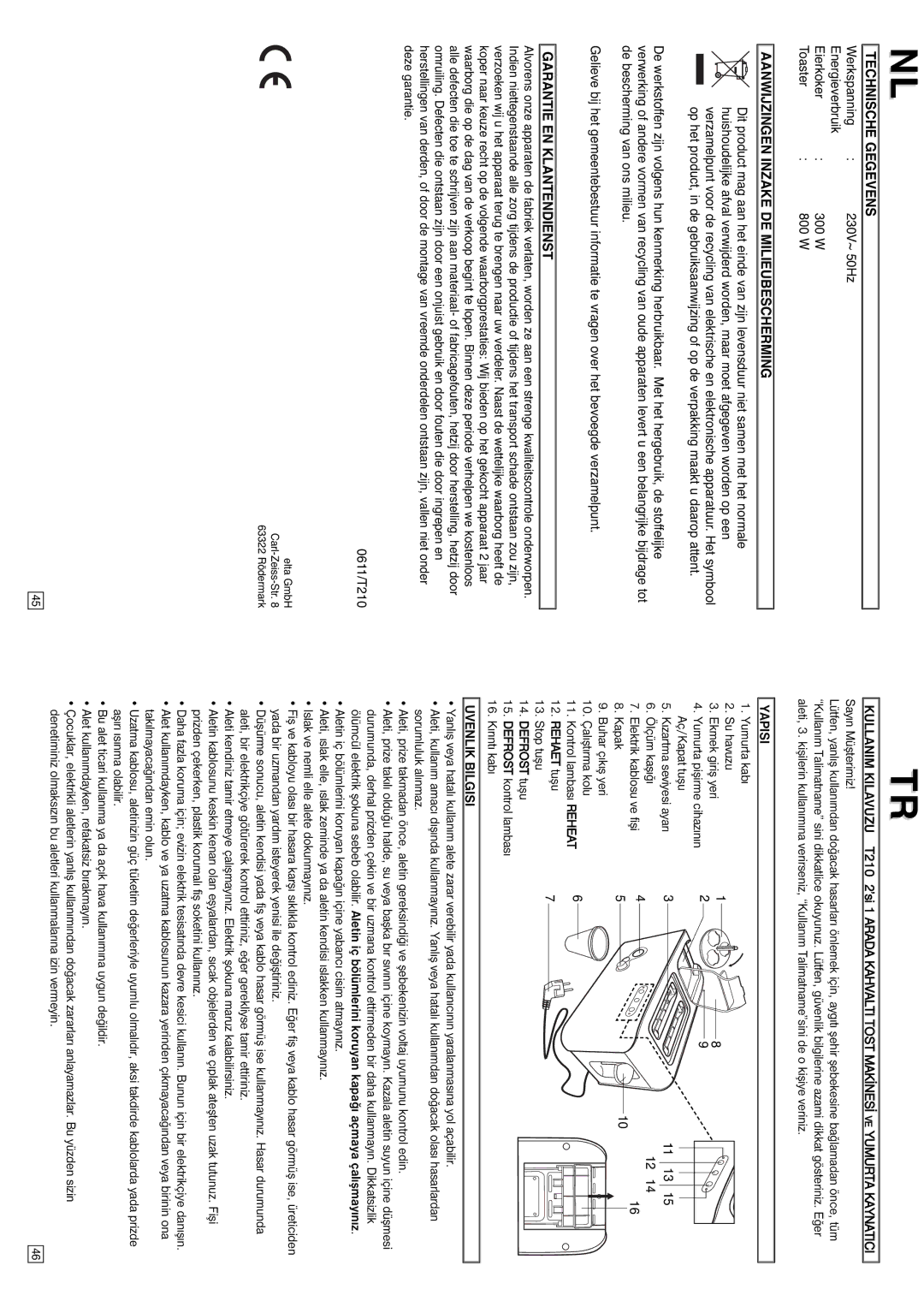 Elta T210 instruction manual Technische Gegevens, Aanwijzingen Inzake DE Milieubescherming, Garantie EN Klantendienst 