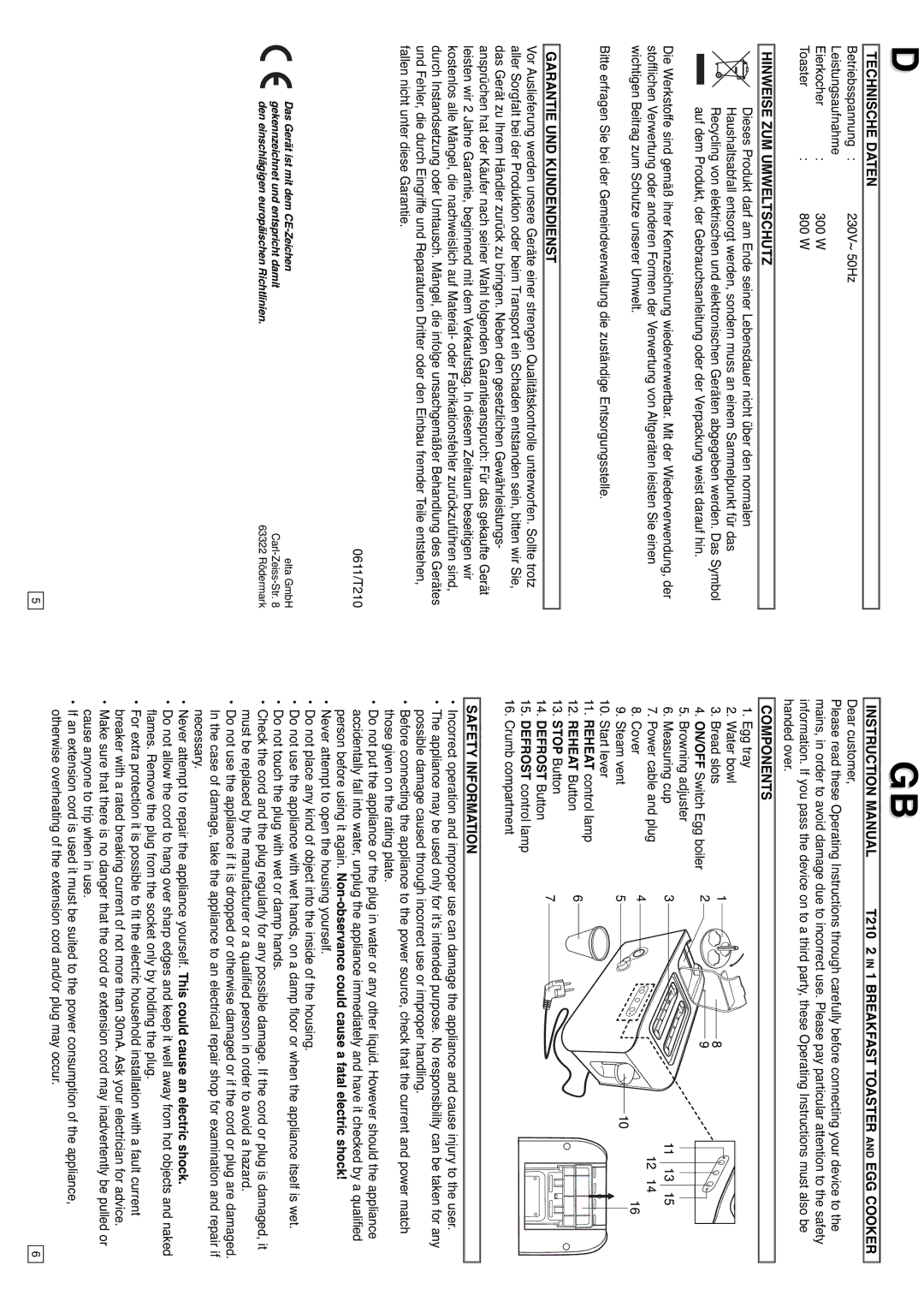 Elta T210 Technische Daten, Hinweise ZUM Umweltschutz, Garantie UND Kundendienst, Components, Safety Information 