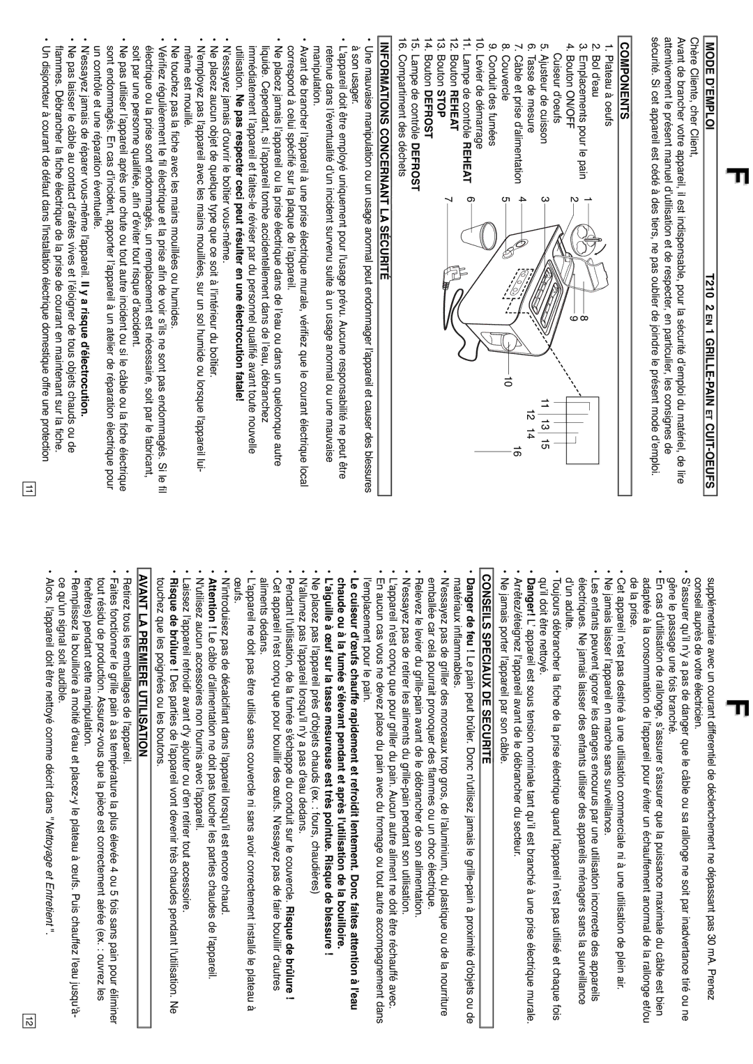 Elta instruction manual Mode D’EMPLOI T210 2 EN 1 GRILLE-PAIN ET CUIT-OEUFS, Informations Concernant LA Sécurité 