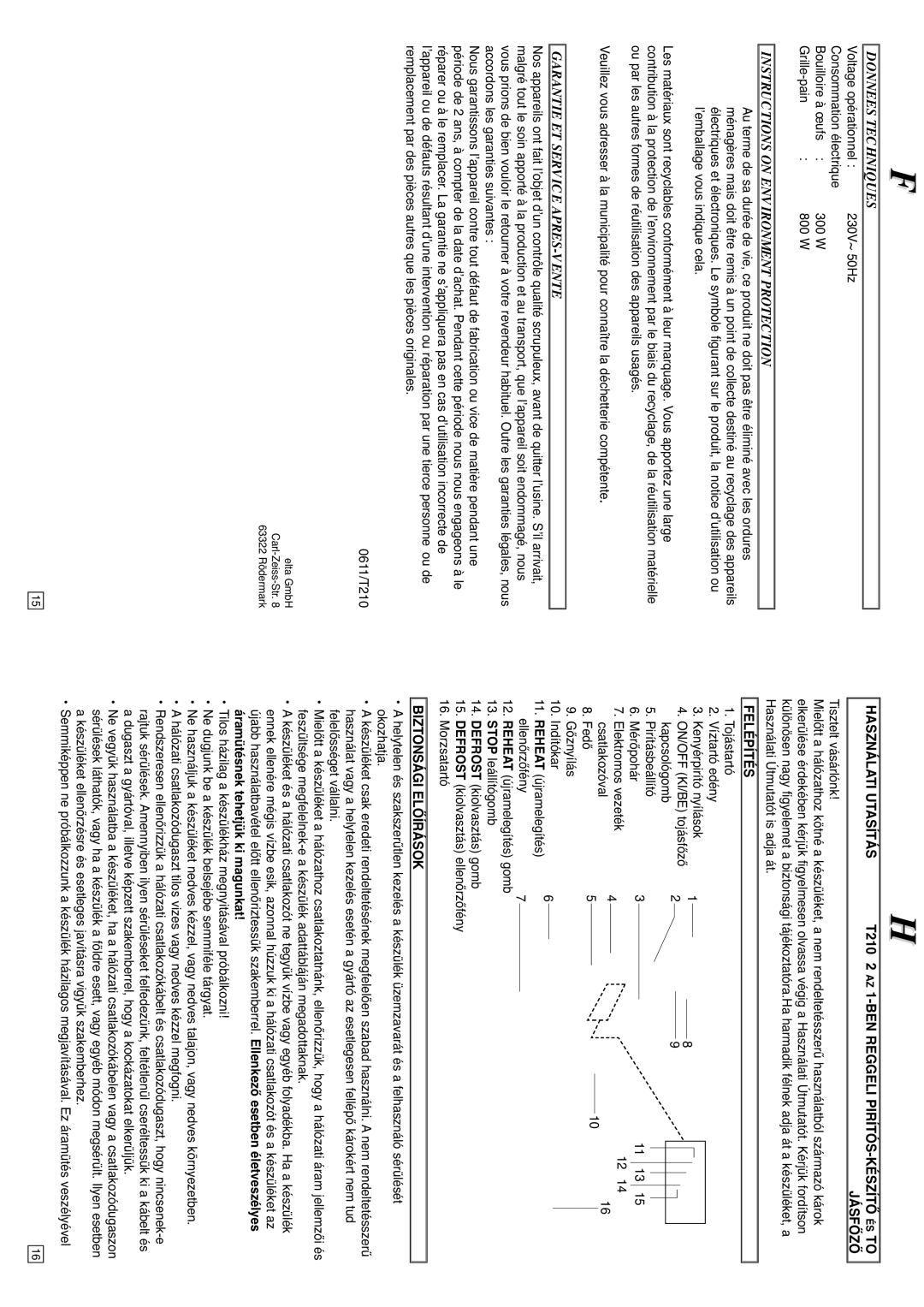 Elta T210 instruction manual Donnees Techniques, Garantie ET Service APRES-VENTE, Felépítés, Biztonsági Előírások 