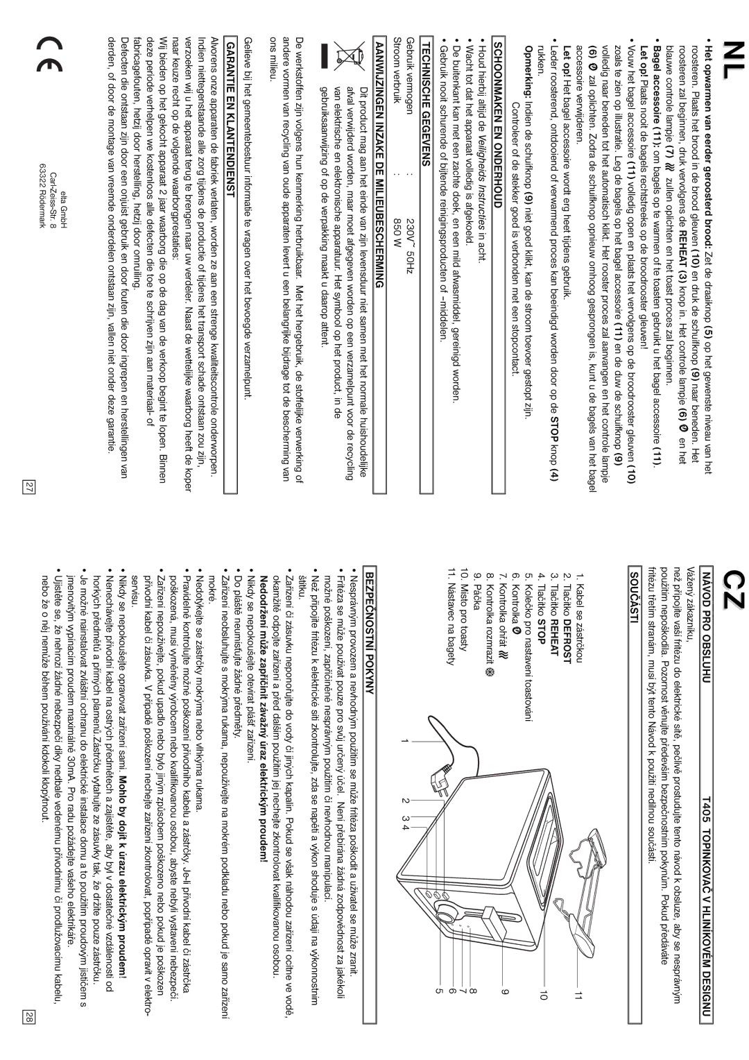 Elta Návod PRO Obsluhu T405 Topinkovač V Hliníkovém Designu, Součásti, Schoonmaken EN Onderhoud, Technische Gegevens 