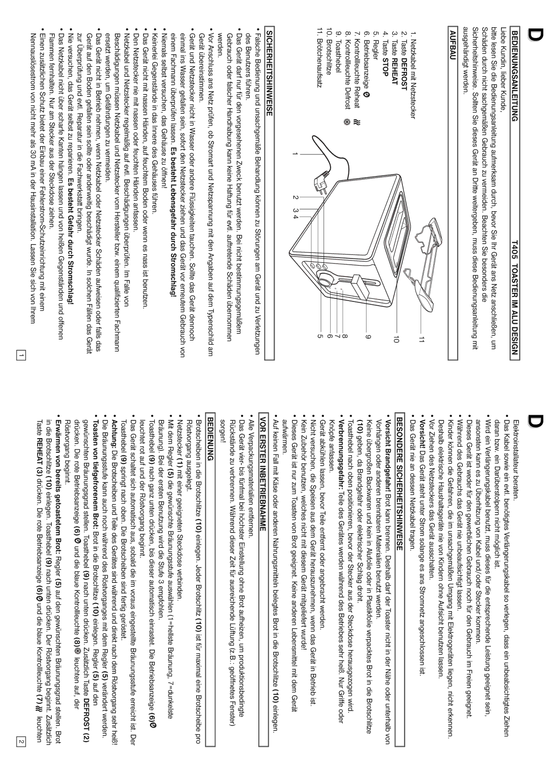 Elta Bedienungsanleitung T405 Toaster IM ALU Design, Aufbau, Besondere Sicherheitshinweise, VOR Erster Inbetriebnahme 