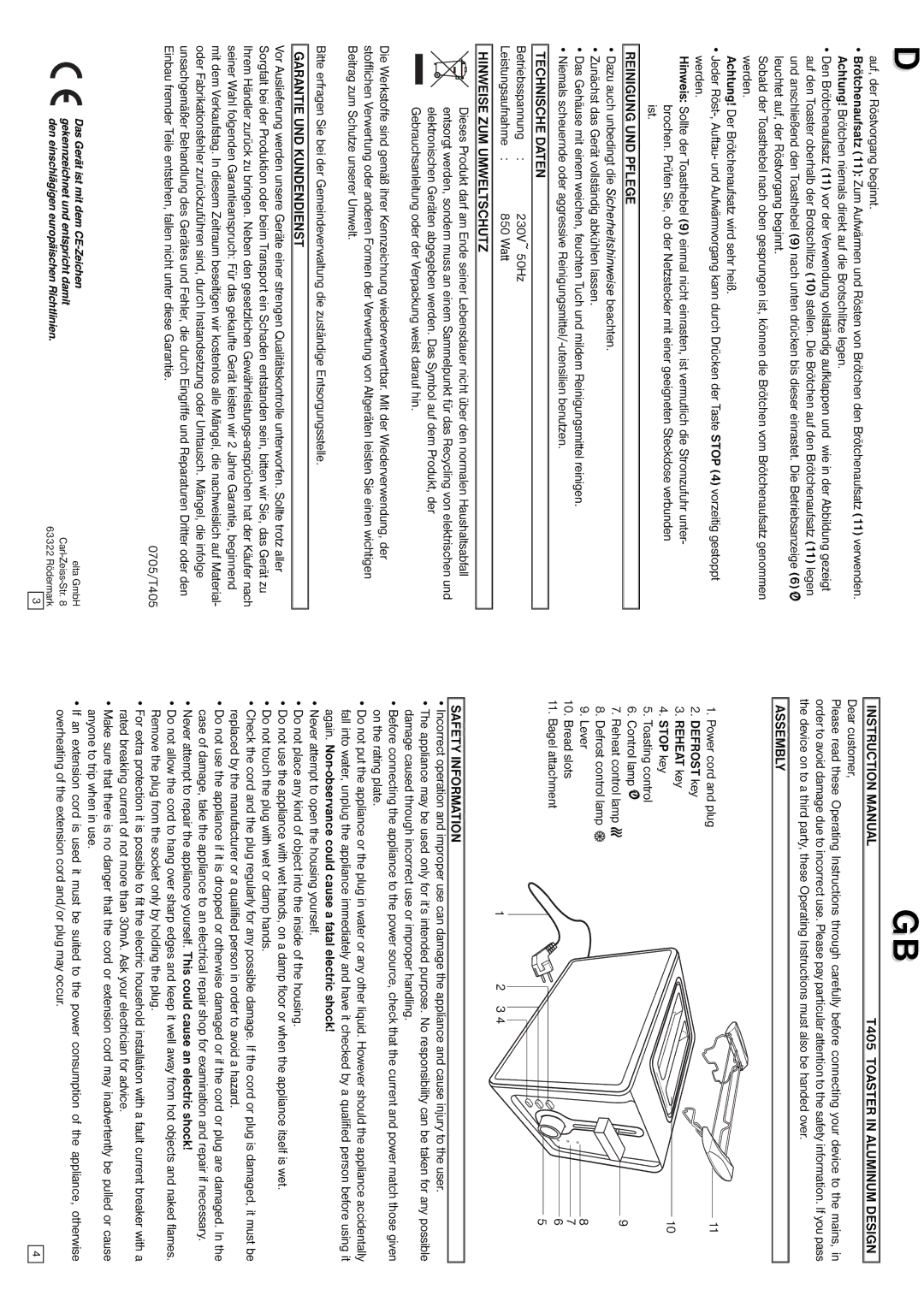 Elta T405 Reinigung UND Pflege, Technische Daten, Hinweise ZUM Umweltschutz, Garantie UND Kundendienst, Assembly 