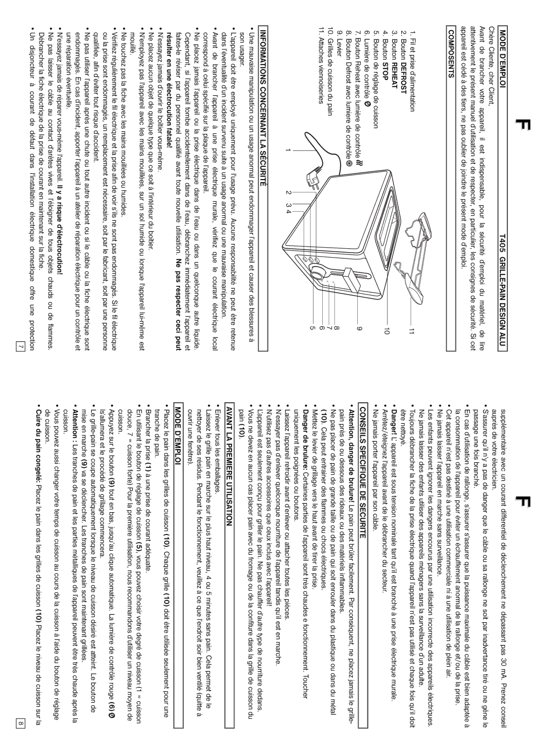 Elta instruction manual Mode D’EMPLOI T405 GRILLE-PAIN Design ALU, Composents, Conseils Specifique DE Securite 