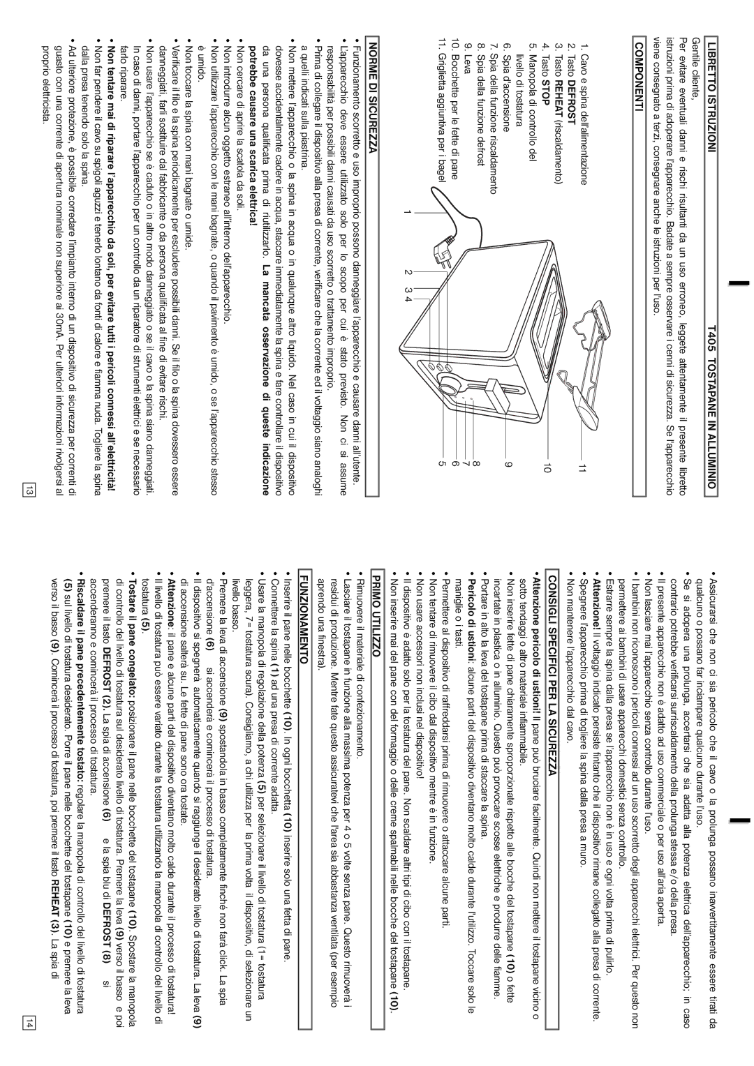 Elta Libretto Istruzioni T405 Tostapane in Alluminio, Componenti, Consigli Specifici PER LA Sicurezza, Primo Utilizzo 