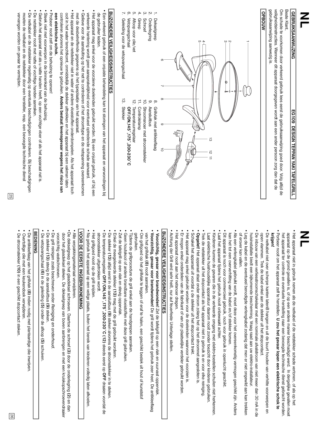 Elta Table Top Grill Gebruiksaanwijzing EG109 Design Teppan Yaki Tafelgrill, Opbouw, Bijzondere Veiligheidsinstructies 