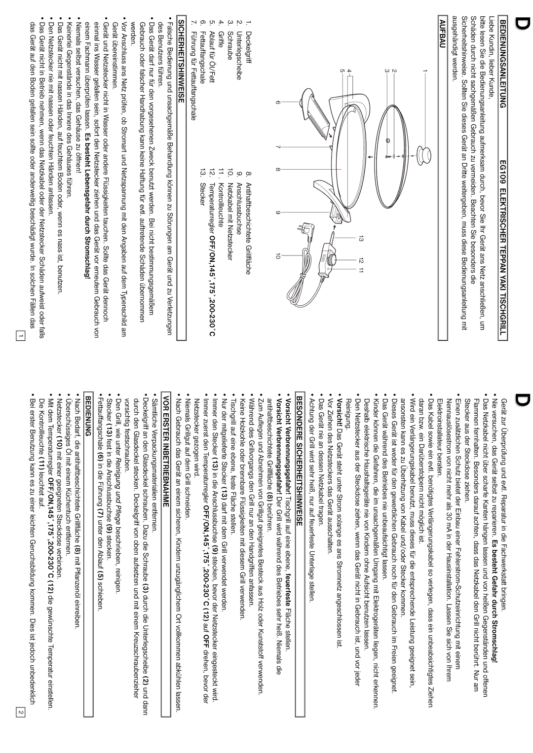 Elta Table Top Grill instruction manual Aufbau, Besondere Sicherheitshinweise, VOR Erster Inbetriebnahme, Bedienung 