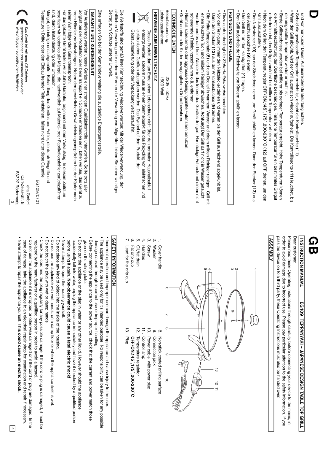 Elta Table Top Grill Reinigung UND Pflege, Technische Daten, Hinweise ZUM Umweltschutz, Garantie UND Kundendienst 