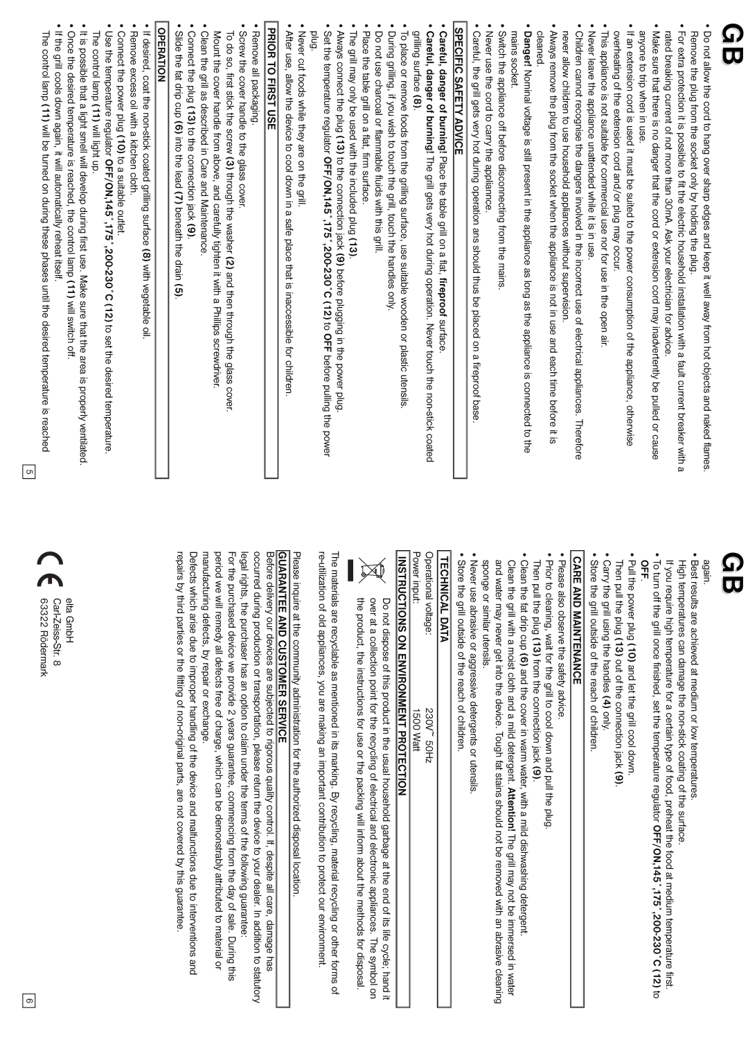 Elta Table Top Grill Specific Safety Advice, Prior to First USE, Operation, Care and Maintenance, Technical Data 