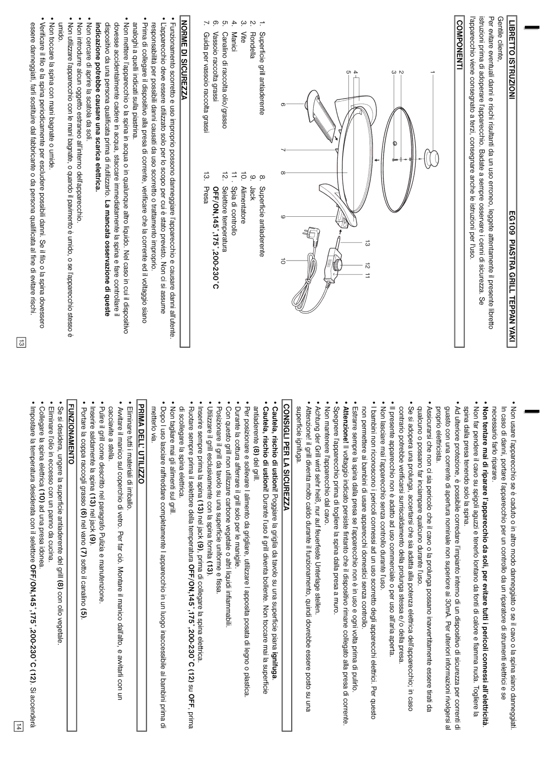 Elta Table Top Grill Libretto Istruzioni EG109 Piastra Grill Teppan Yaki, Componenti, Norme DI Sicurezza, Funzionamento 