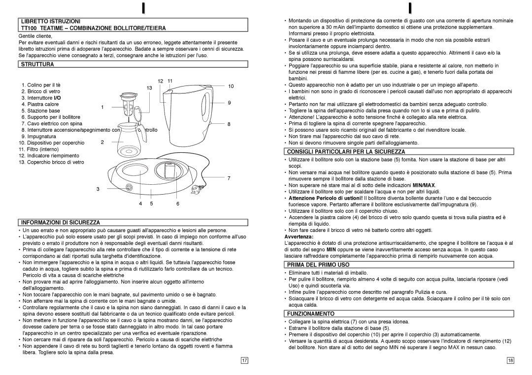 Elta TT100 Struttura, Informazioni DI Sicurezza, Consigli Particolari PER LA Sicurezza, Prima DEL Primo USO, Funzionamento 