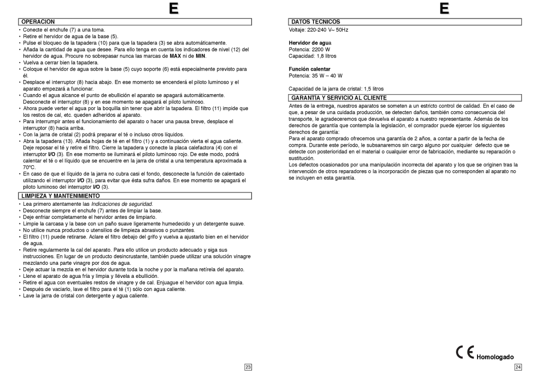 Elta TT100 Homologado, Operacion, Limpieza Y Mantenimiento, Datos Tecnicos, Garantía Y Servicio AL Cliente 