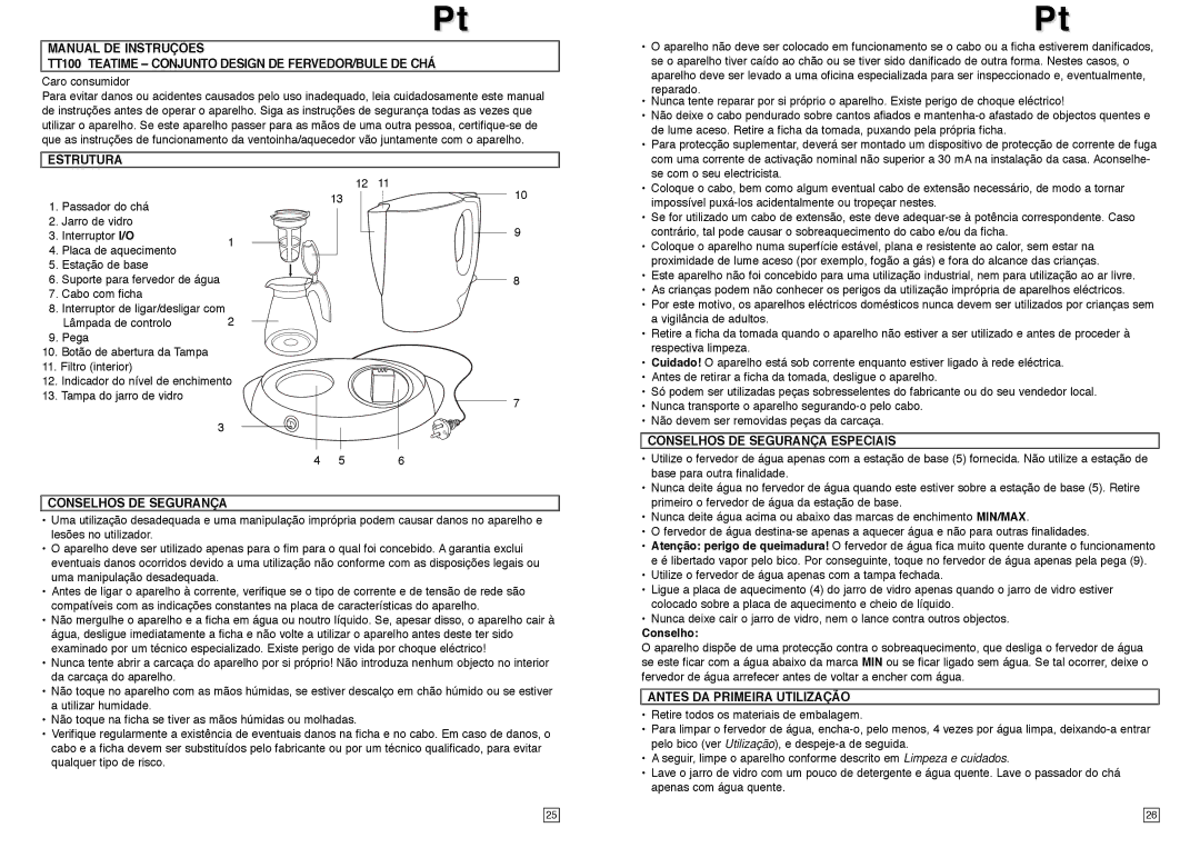 Elta TT100 instruction manual Estrutura, Conselhos DE Segurança Especiais, Antes DA Primeira Utilização 