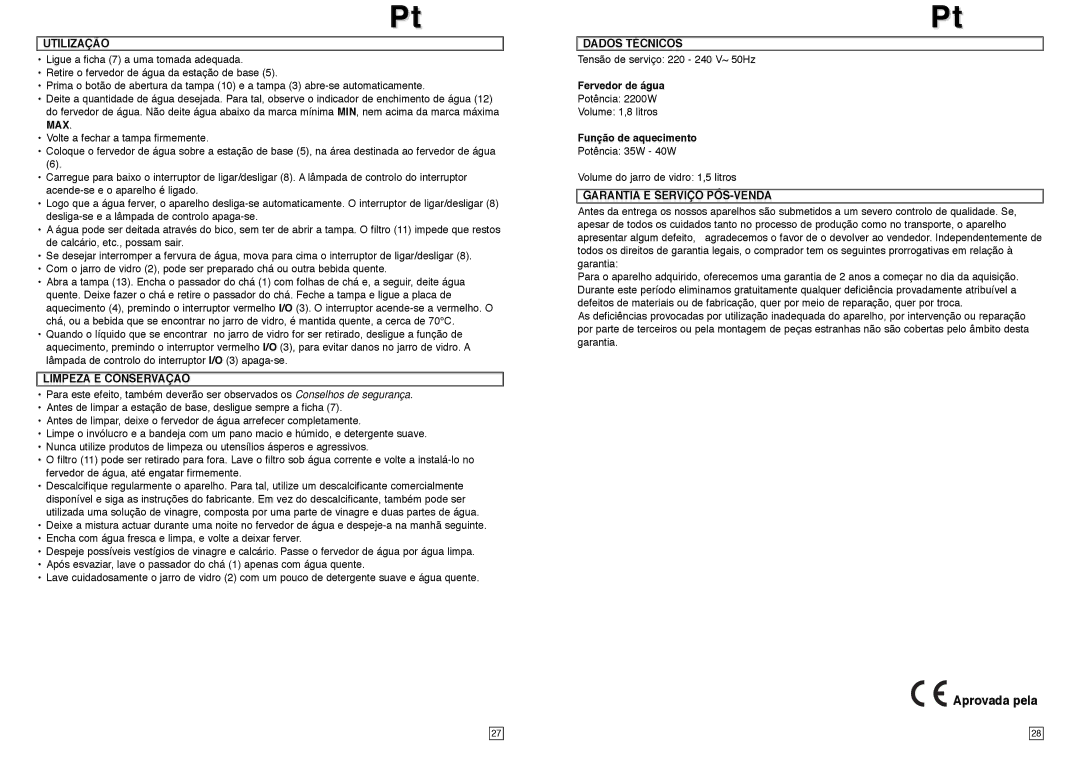 Elta TT100 Aprovada pela, Utilização, Limpeza E Conservação, Dados Técnicos, Garantia E Serviço PÓS-VENDA 