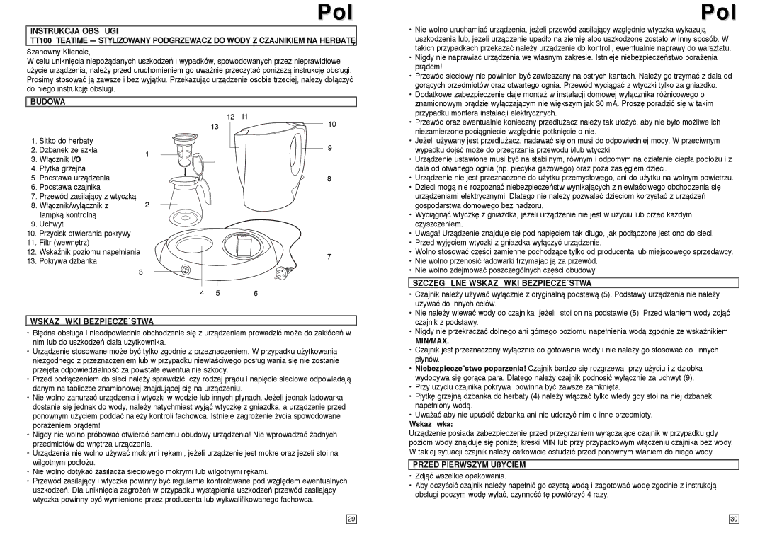 Elta TT100 instruction manual Budowa, Szczeglne Wskazwki BEZPIECZE`STWA, Min/Max, Wskazwka, Przed Pierwszym UßYCIEM 