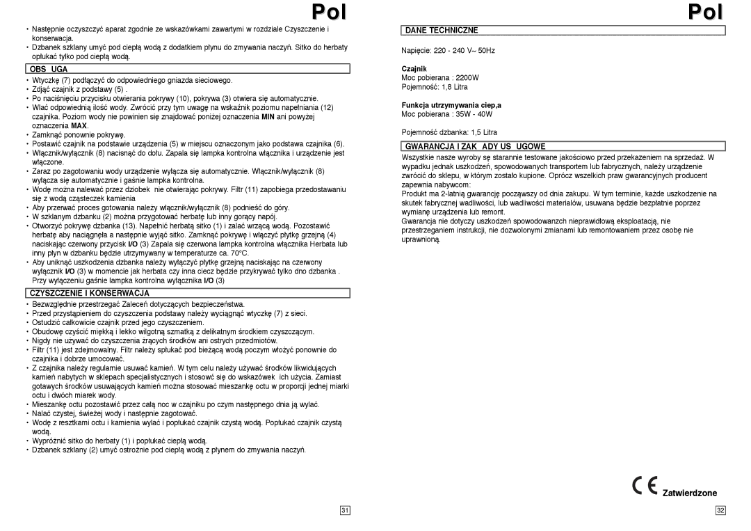 Elta TT100 instruction manual Obsuga, Czyszczenie I Konserwacja, Dane Techniczne, Gwarancja I Zakady Usugowe 