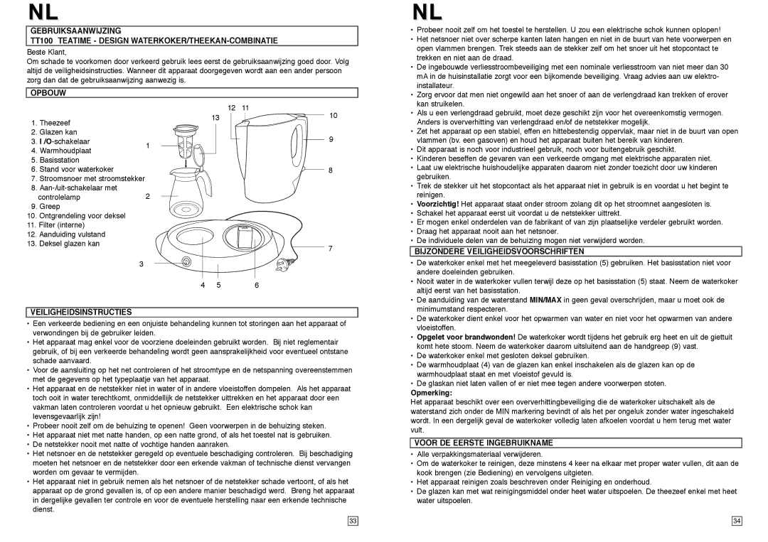 Elta TT100 Opbouw, Bijzondere Veiligheidsvoorschriften, Veiligheidsinstructies, Opmerking, Voor DE Eerste Ingebruikname 