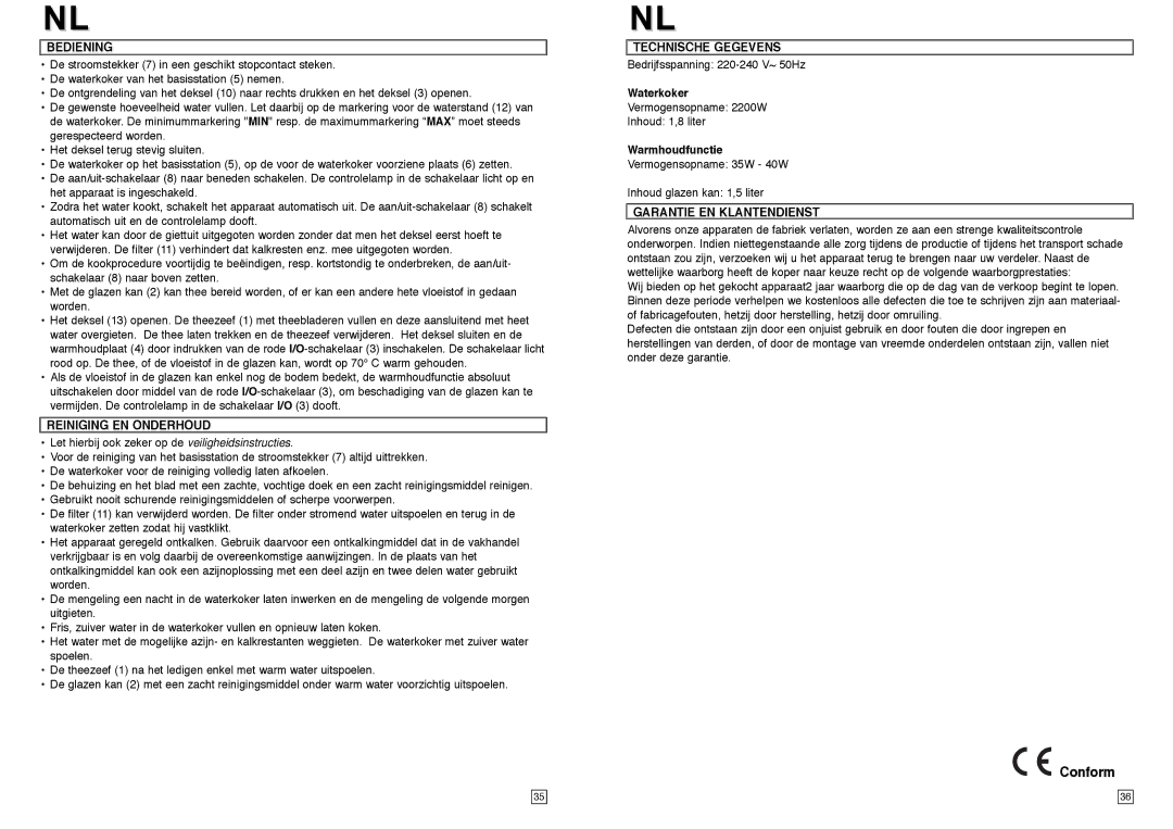 Elta TT100 instruction manual Conform, Bediening, Reiniging EN Onderhoud, Technische Gegevens, Garantie EN Klantendienst 