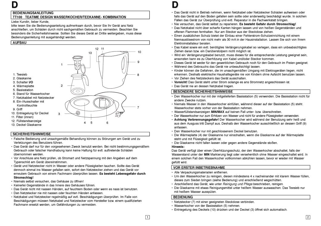 Elta TT100 instruction manual Aufbau, Besondere Sicherheitshinweise, VOR Erster Inbetriebnahme, Bedienung 