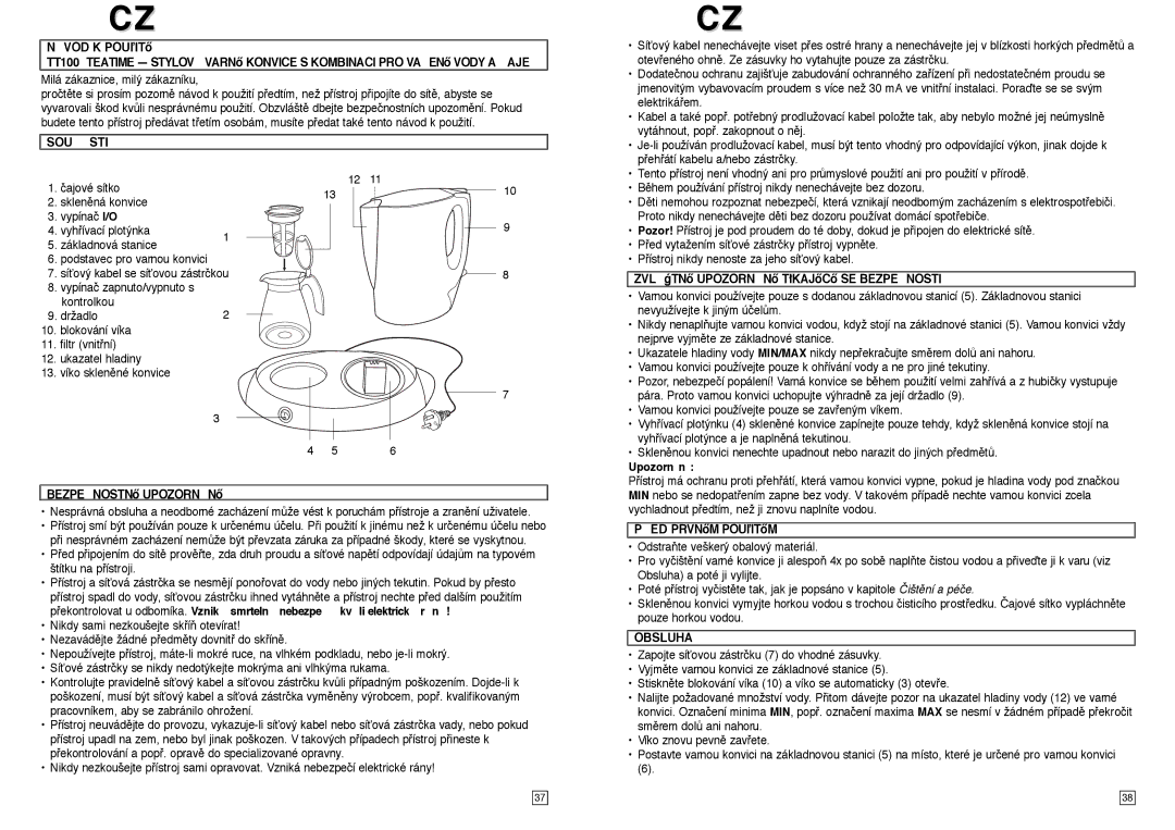 Elta TT100 instruction manual Sousti, Bezpenostnœ Upozornnœ, Obsluha 