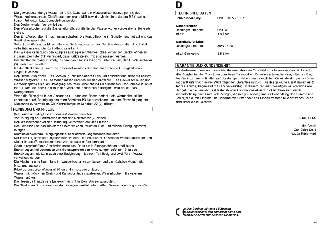 Elta TT100 Reinigung UND Pflege, Technische Daten, Wasserkocher, Warmhaltefunktion, Garantie UND Kundendienst 