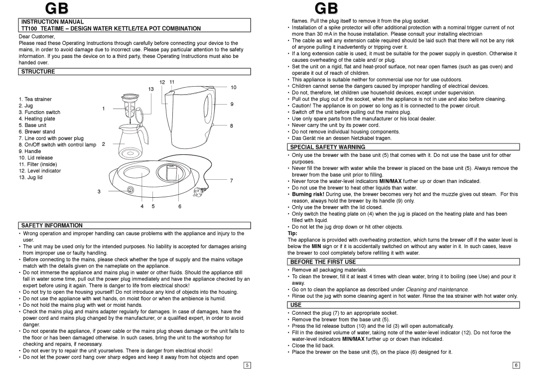 Elta TT100 Teatime Design Water KETTLE/TEA POT Combination, Structure, Special Safety Warning, Safety Information 