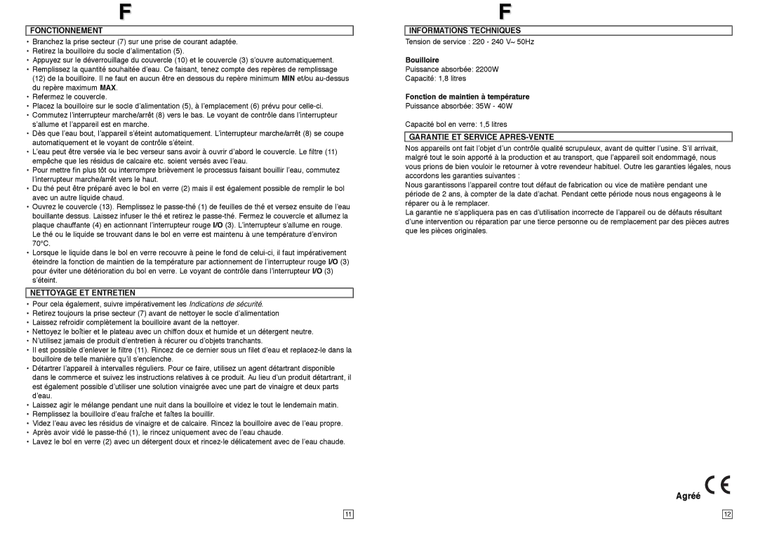 Elta TT100 Agréé, Fonctionnement, Nettoyage ET Entretien, Informations Techniques, Garantie ET Service APRES-VENTE 