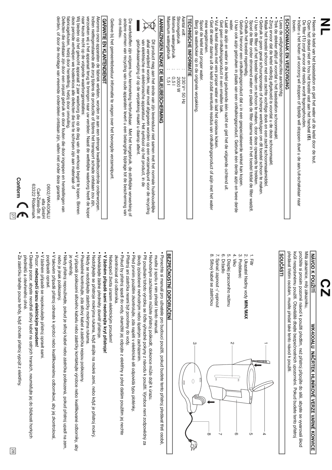 Elta Water Kettle instruction manual Conform, Lees de veiligheidsinstructies aandachtig 