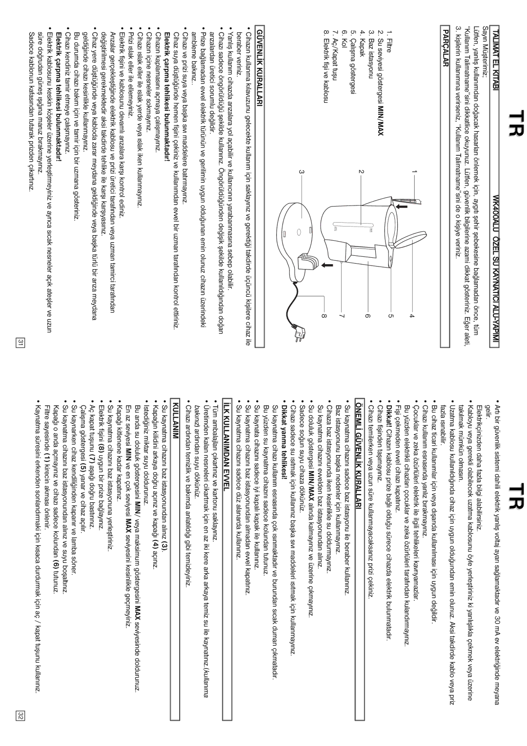 Elta Water Kettle Talimat EL Kitabi WK400ALU Özel SU Kaynatici ALU-YAPIMI, Parçalar, Güvenlýk Kurallari, Kullanim 