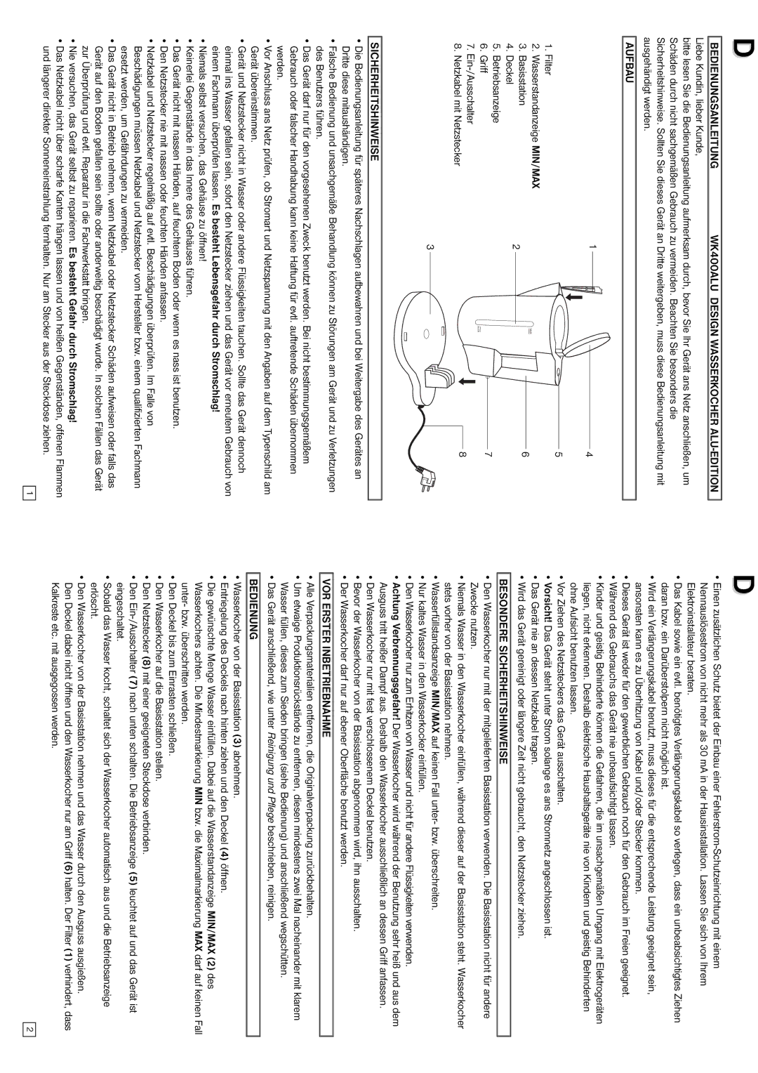 Elta Water Kettle instruction manual Aufbau, Besondere Sicherheitshinweise, VOR Erster Inbetriebnahme, Bedienung 