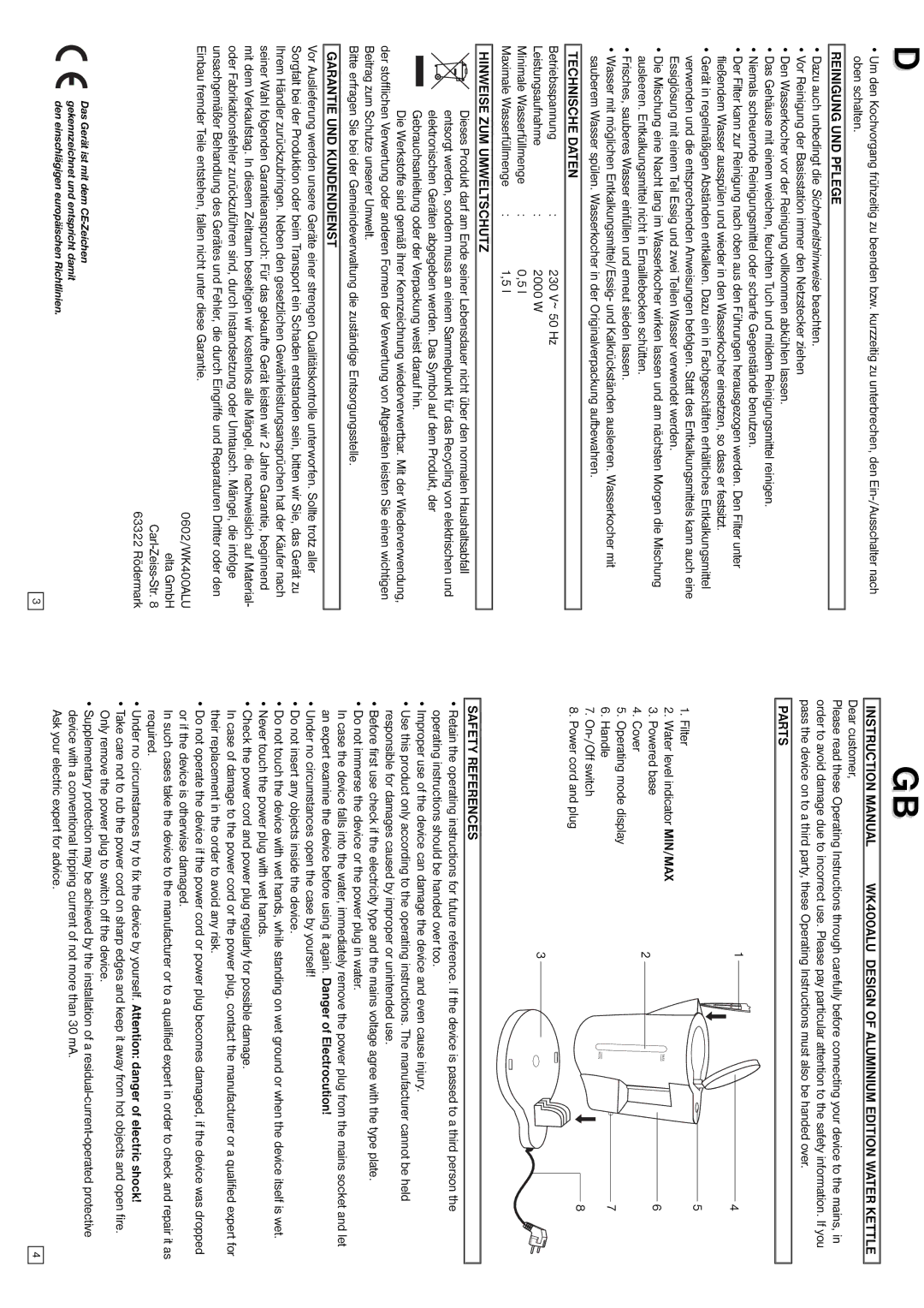 Elta Water Kettle Reinigung UND Pflege, Technische Daten, Hinweise ZUM Umweltschutz, Garantie UND Kundendienst, Parts 