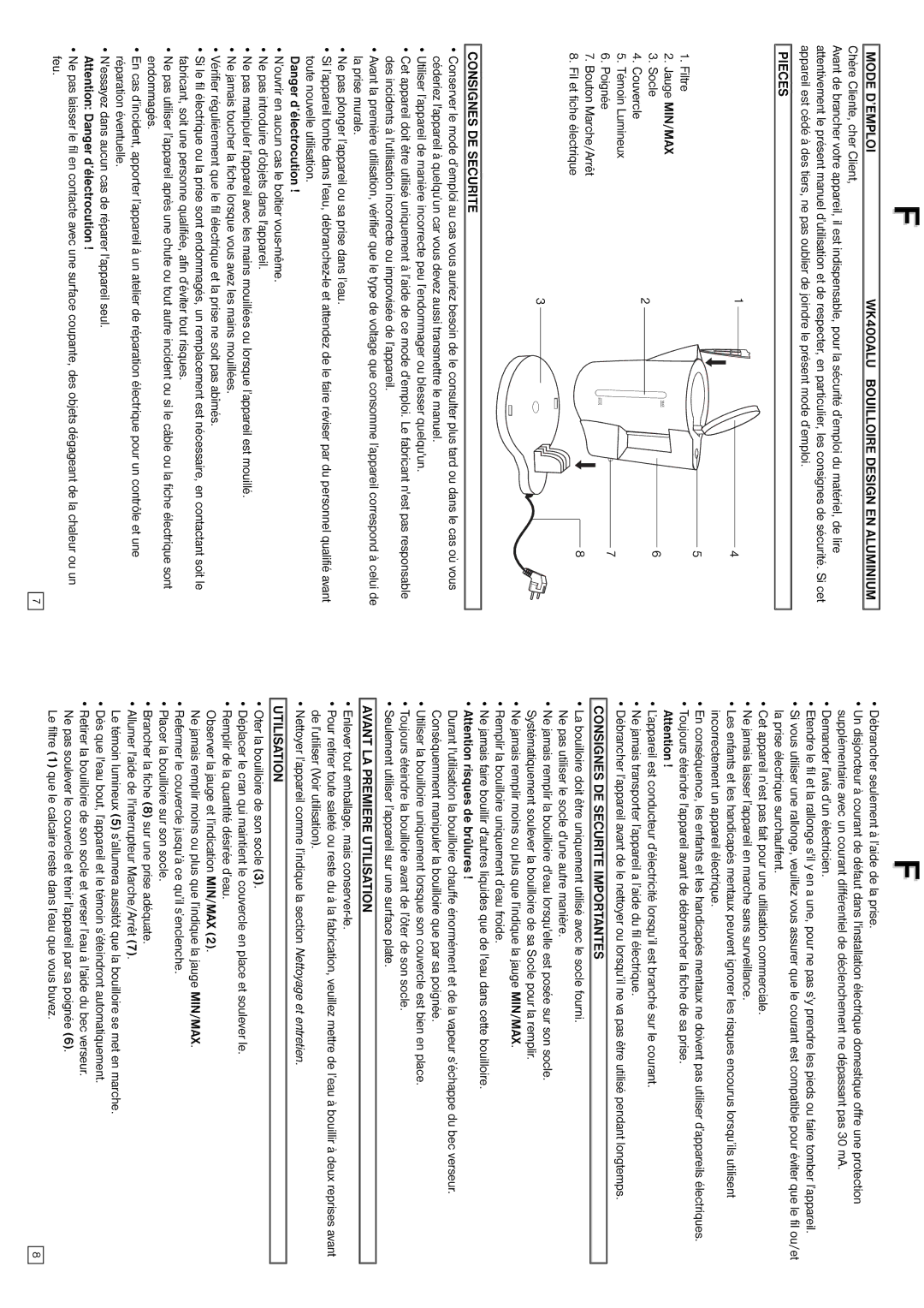 Elta Water Kettle Mode D’EMPLOI WK400ALU Bouilloire Design EN Aluminium, Pieces, Consignes DE Securite, Utilisation 
