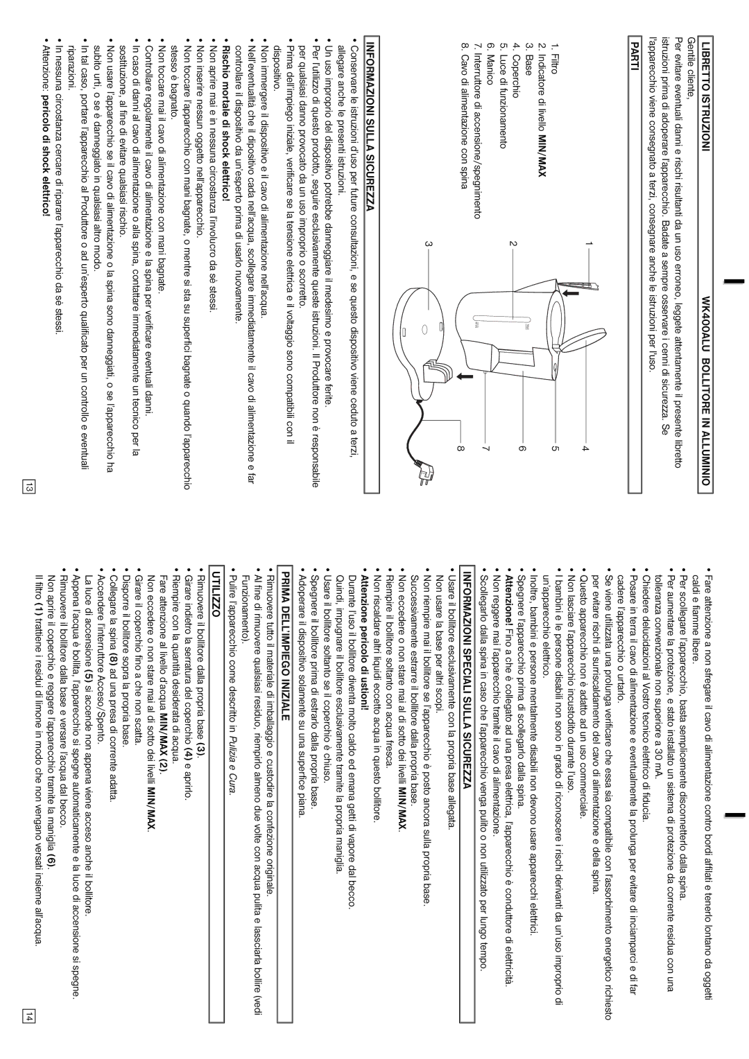 Elta Water Kettle Libretto Istruzioni WK400ALU Bollitore in Alluminio, Parti, Informazioni Sulla Sicurezza, Utilizzo 