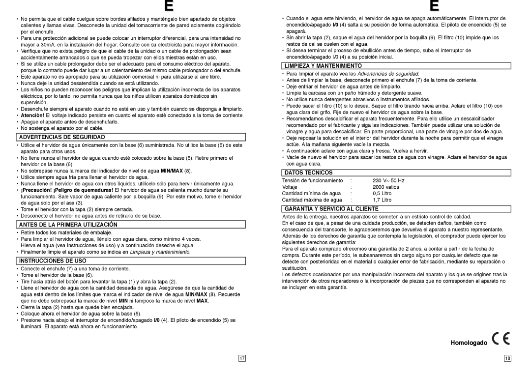 Elta WK101N1 instruction manual Homologado 