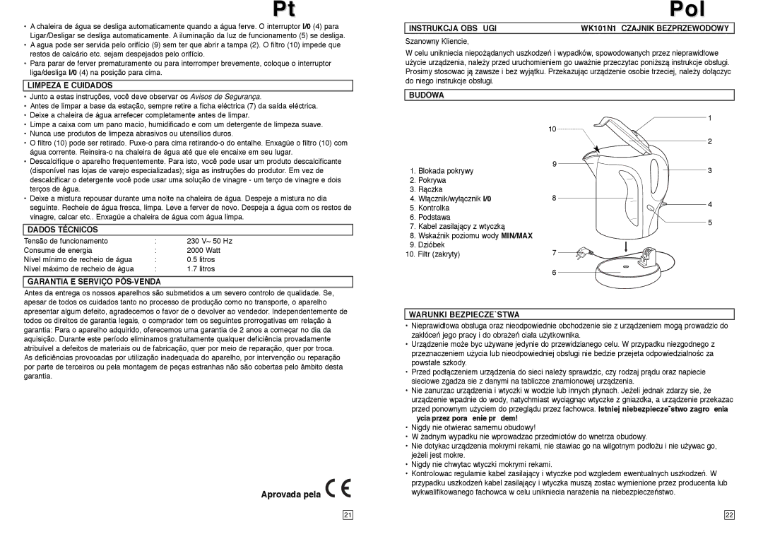 Elta instruction manual Aprovada pela, Instrukcja Obsugi WK101N1 Czajnik Bezprzewodowy, Budowa, Warunki BEZPIECZE`STWA 