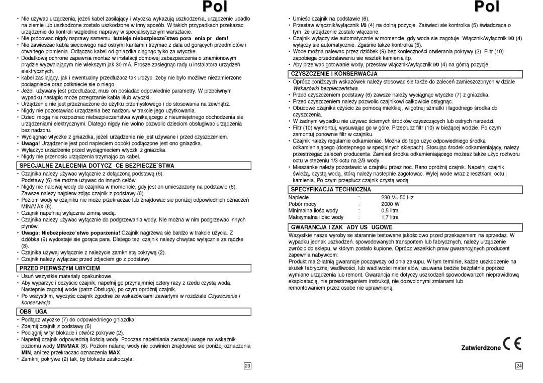 Elta WK101N1 Specjalne Zalecenia Dotyczce BEZPIECZE`STWA, Obsuga, Czyszczenie I Konserwacja, Specyfikacja Techniczna 